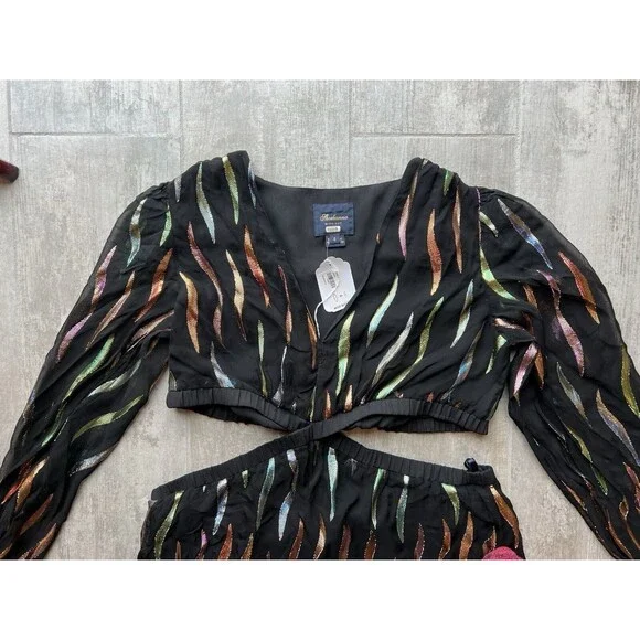 $625 Shoshanna Randi Gown Jet Iridescent Metallic Cut Out Maxi Designer 4 READ - Picture 10 of 14